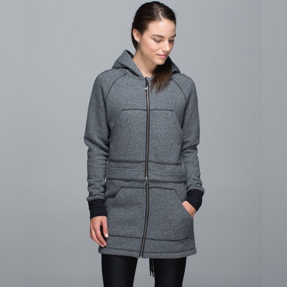 Lululemon Long & Short Of It Jacket Cotton Fleece Heathered Speckled Black